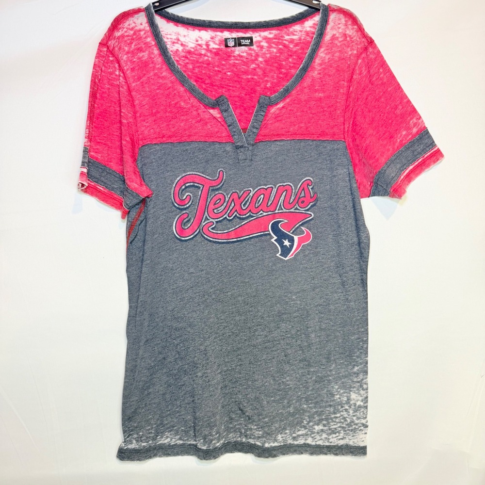 NFL Team Apparel Houston Texans Pink Grey Colorblock Burnout V-Neck Shirt XL